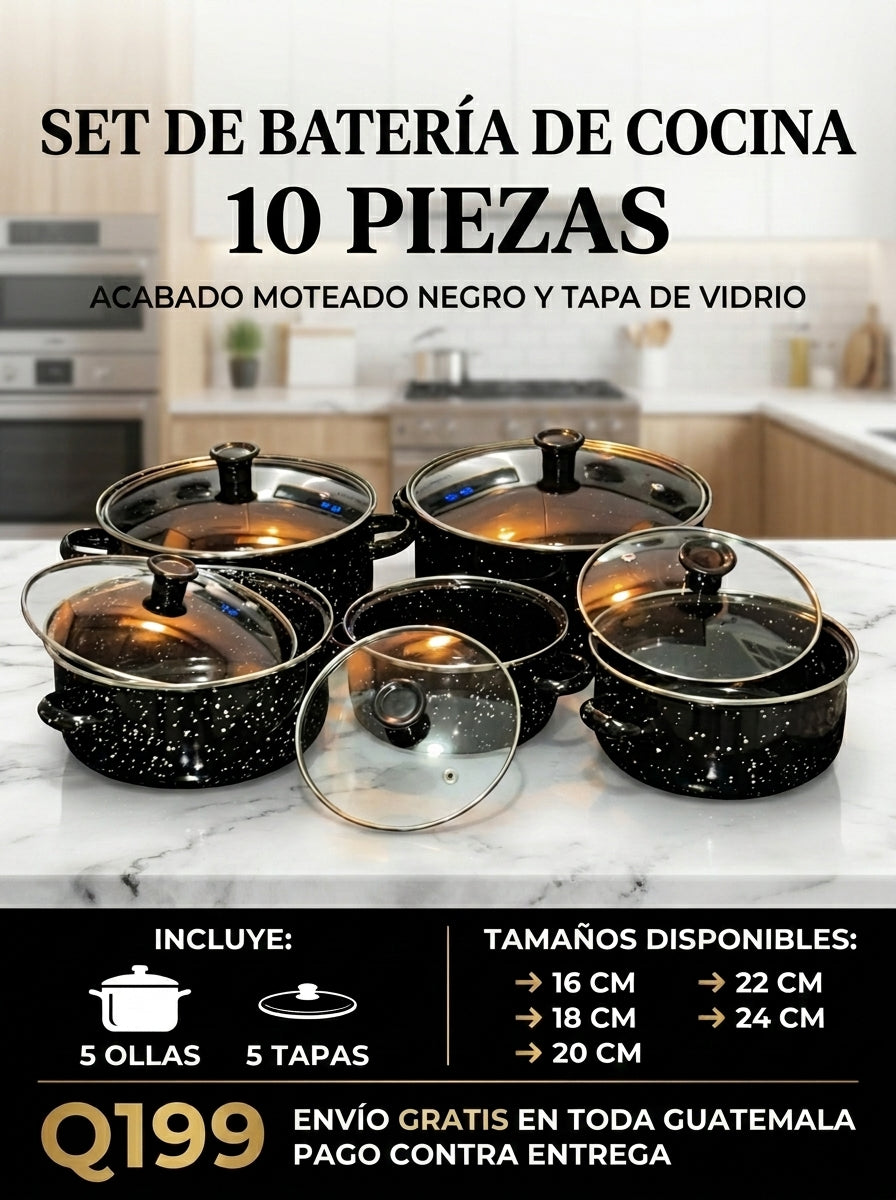 [VALORADA EN Q450 HOY A SOLO Q199] Juego de Ollas de Peltre Negro con Motas + Tapas Cristal (Perfecta para negocios por su resistencia)