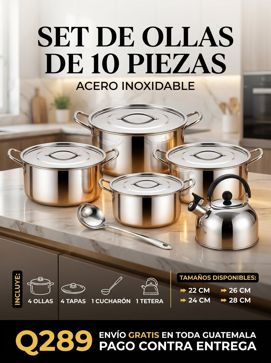 [VALORADA EN Q499 HOY A SOLO Q289] SET DE ACERO INOXIDABLE + TETERA + CUCHARON (10 PIEZAS) OFERTA