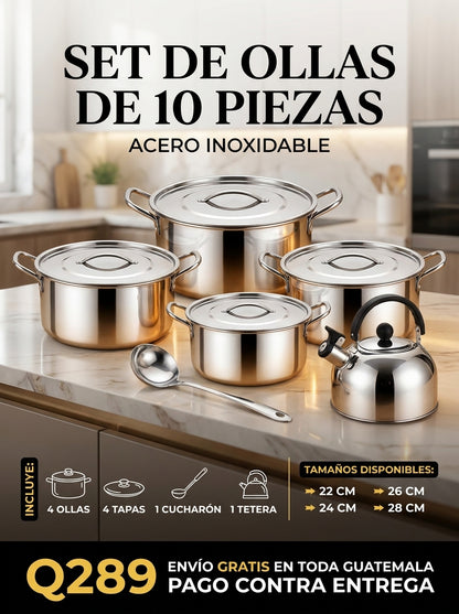 [VALORADA EN Q499 HOY A SOLO Q289] SET DE ACERO INOXIDABLE + TETERA + CUCHARON (10 PIEZAS) OFERTA